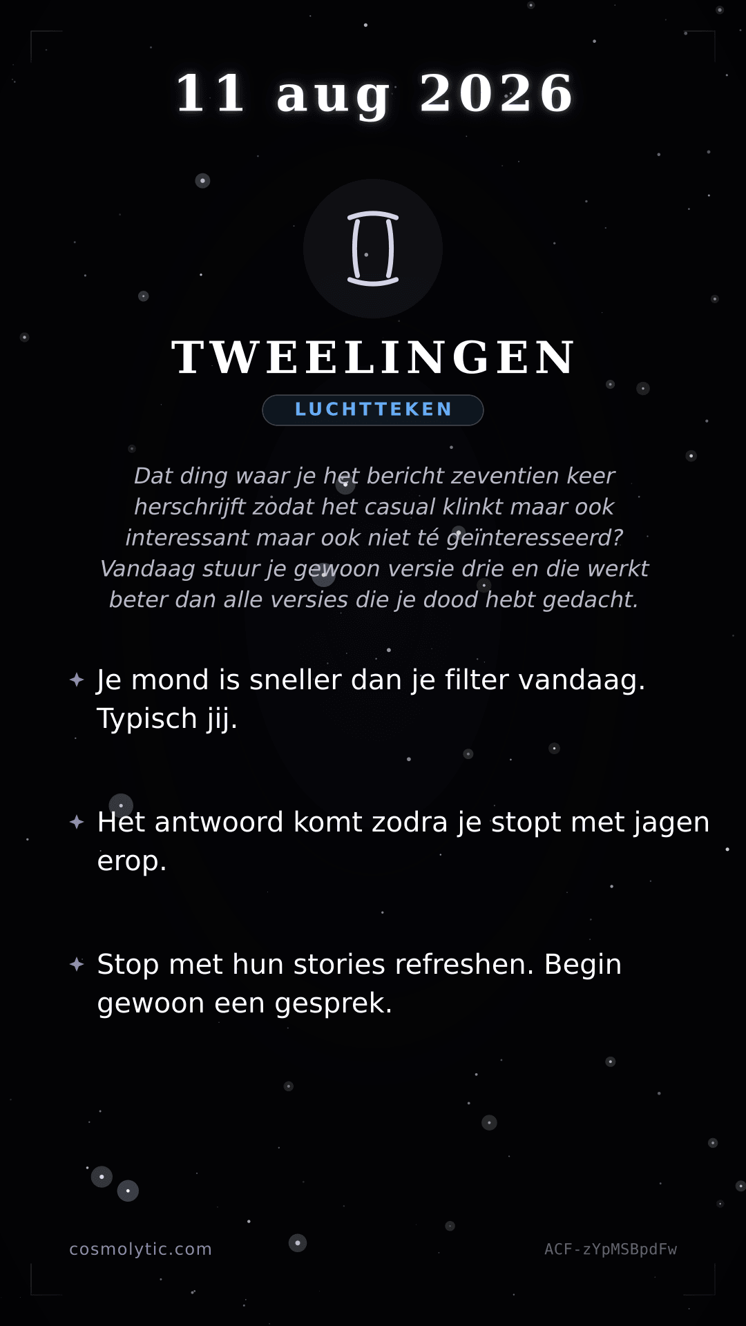 Tweelingen daghoroscoop kaart voor 11 augustus 2026