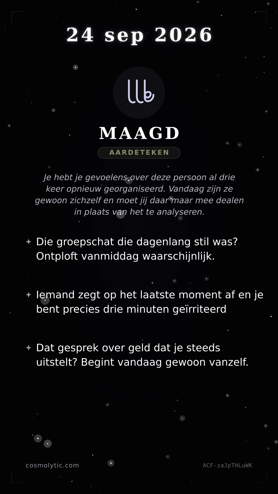 Maagd daghoroscoop kaart voor 24 september 2026