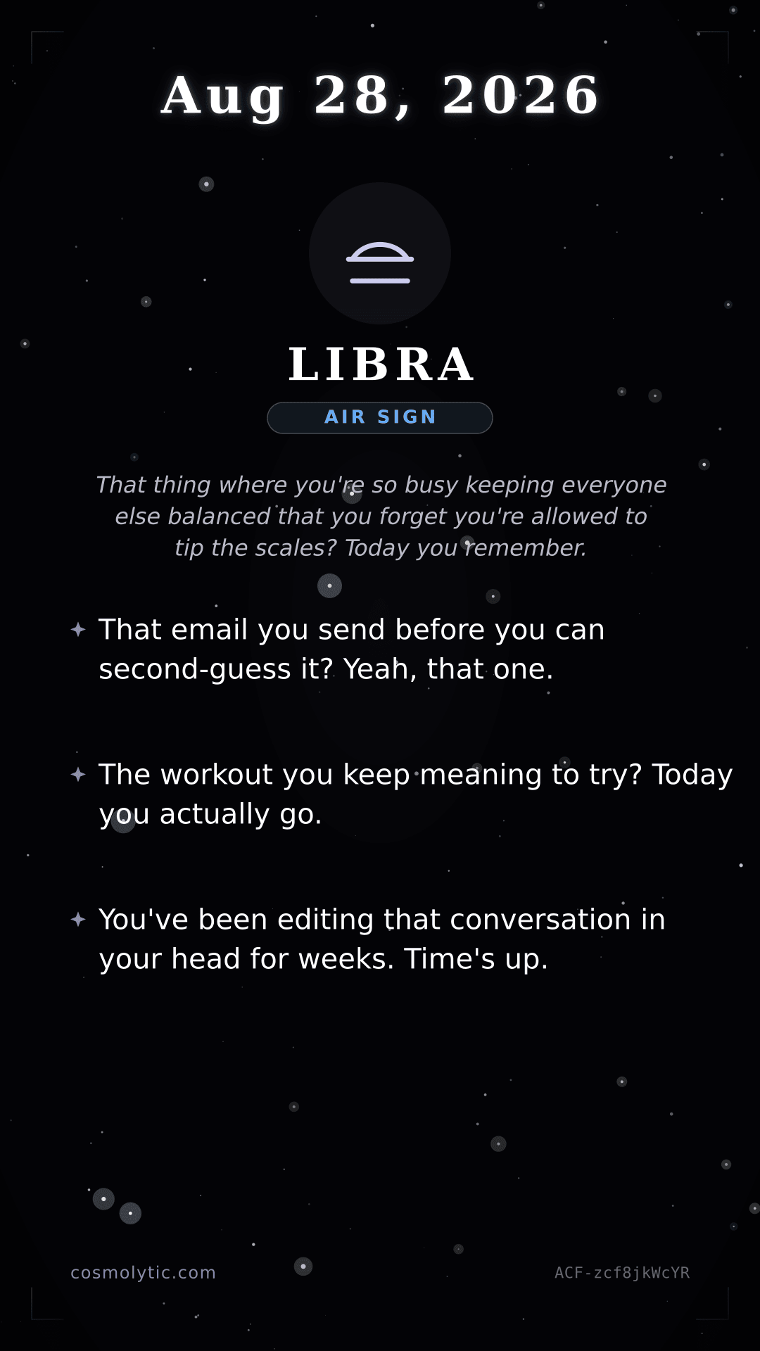 Libra daily horoscope card for August 28, 2026