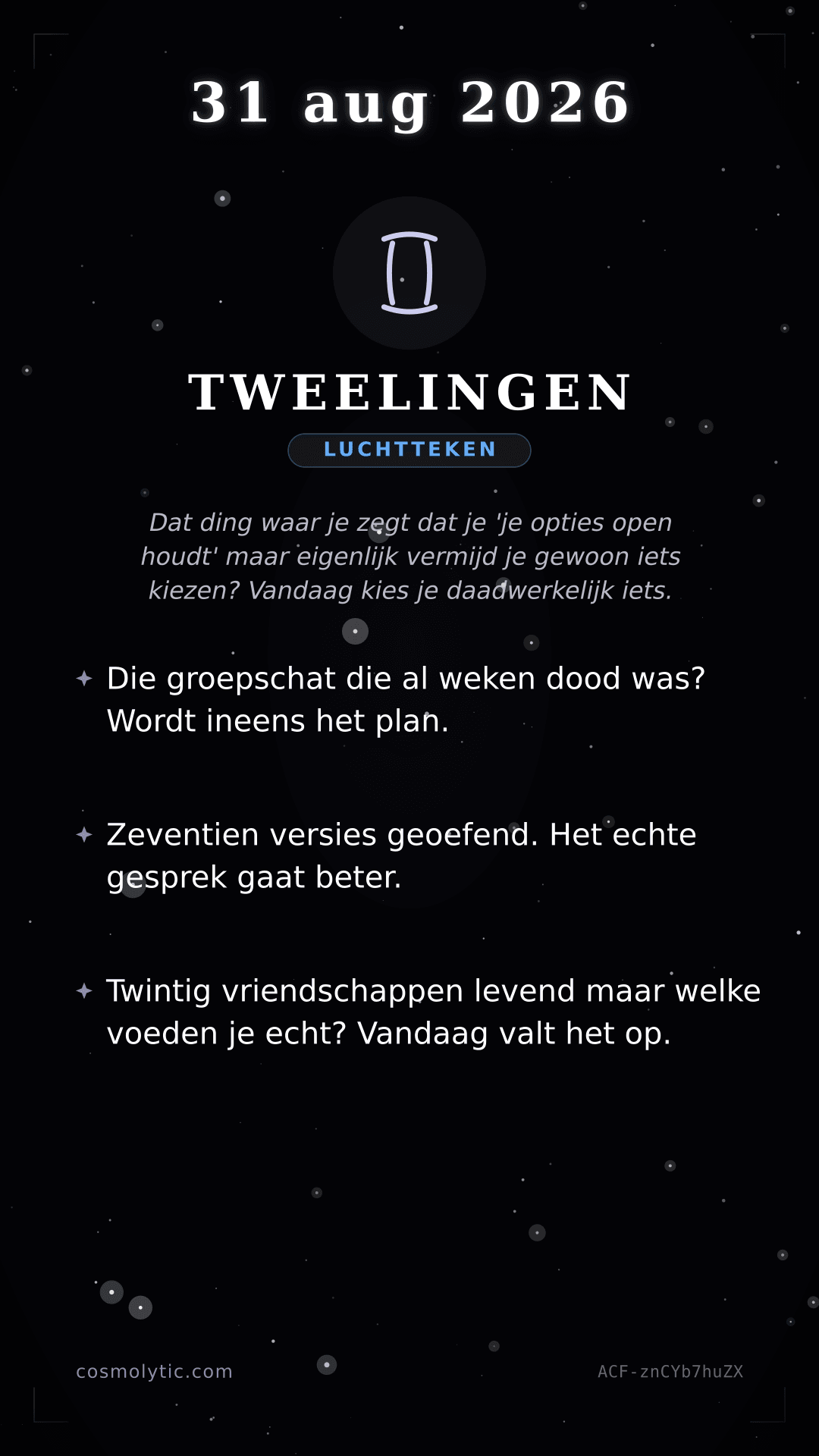 Tweelingen daghoroscoop kaart voor 31 augustus 2026