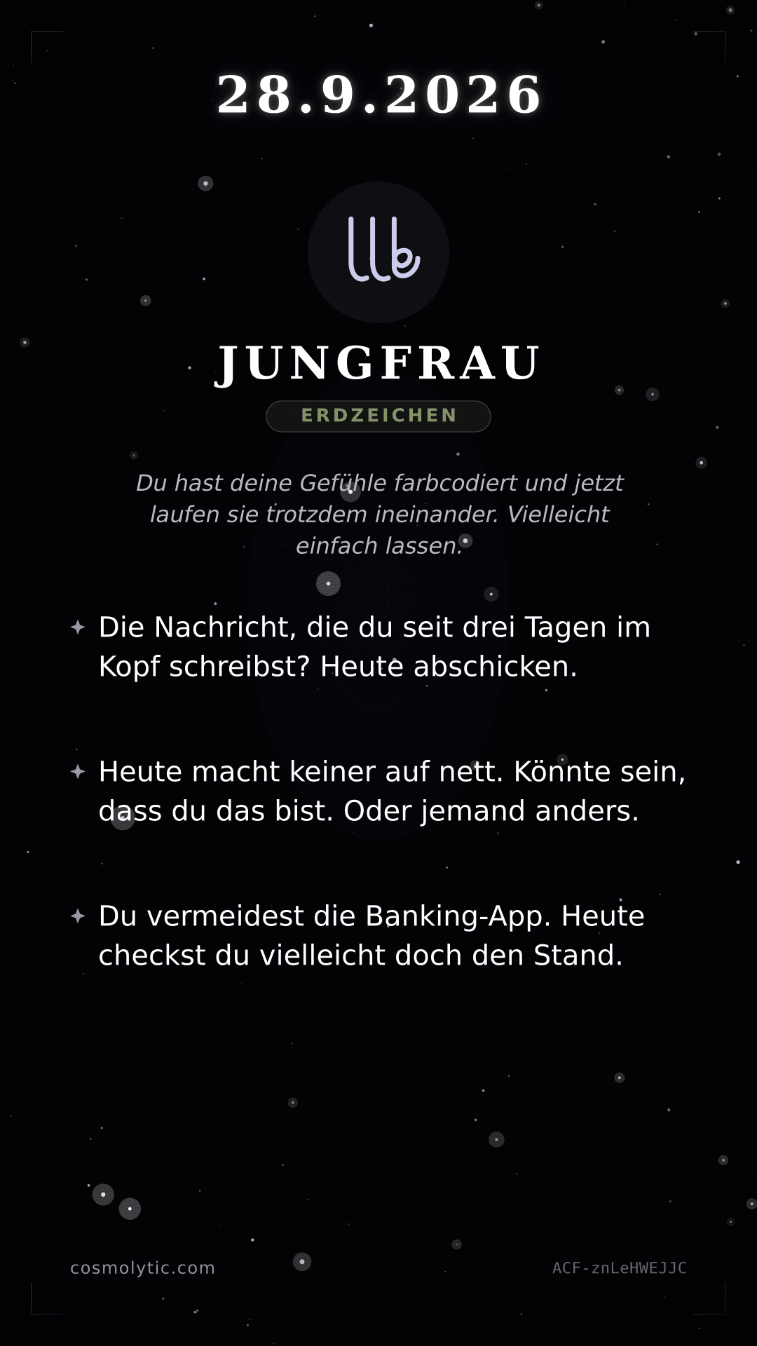 Jungfrau Tageshoroskop-Karte für 28. September 2026