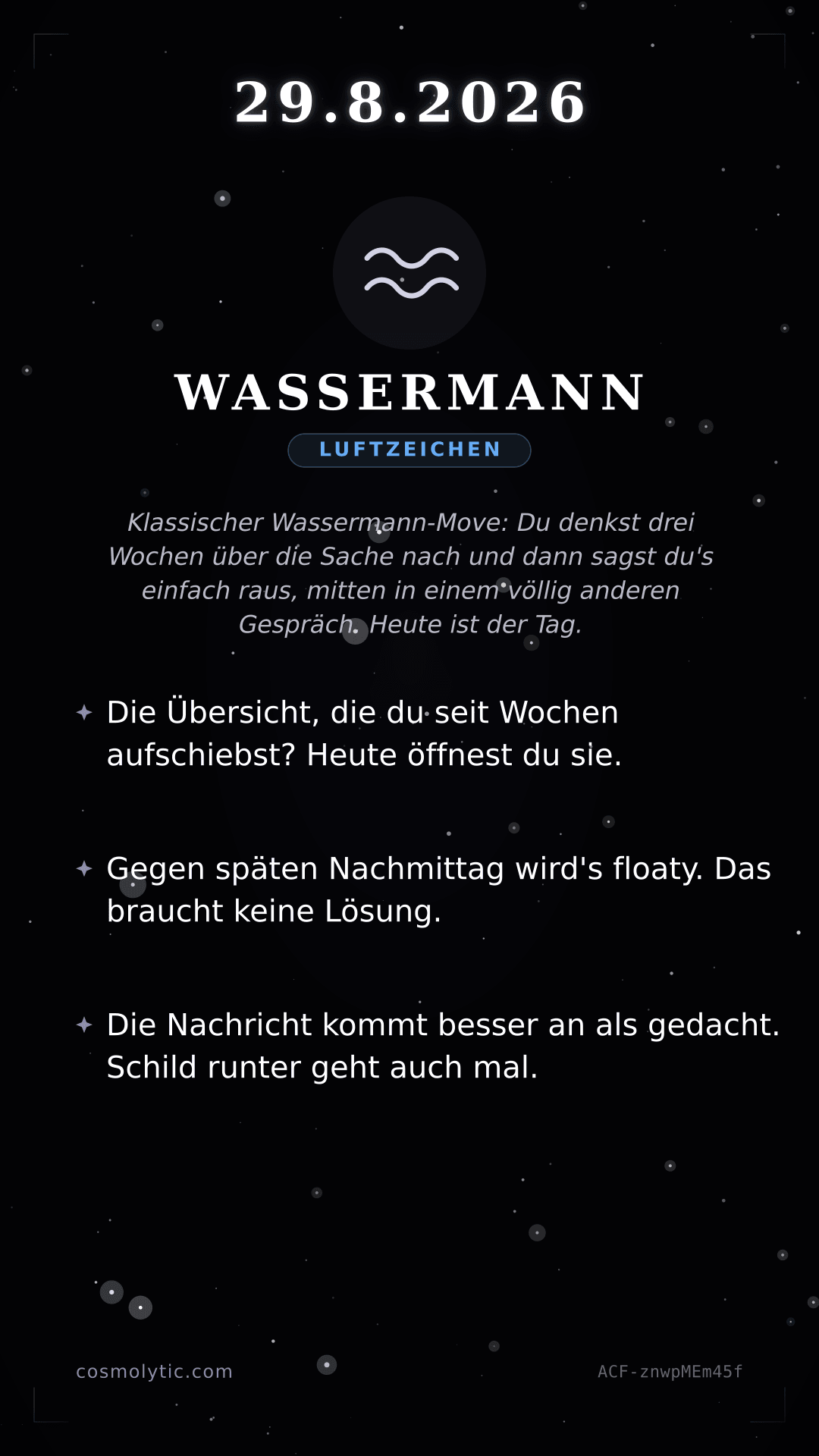 Wassermann Tageshoroskop-Karte für 29. August 2026